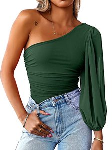 lot 43000457 image: ANRABESS Women Sexy One Shoulder Mesh Long Sleeve Ruched Bodysuit Leotard Top 777shenlv-S