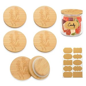 lot 43000463 image: XIFEPFR Oui Yogurt Jar Lids Set, 6 Pack Oui Jar Bamboo Lids with Silicone Sealing Ring for Perfect Airtight Cookie Glass Storage Lids, Wooden Lids for Oui Yogurt Jars with Label, Lavender Pattern, Christmas Gift