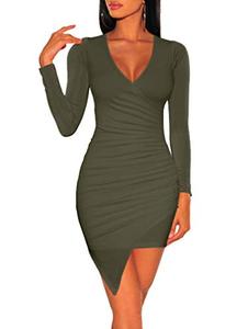 lot 43000471 image: ZileZile Womens Sexy Bodycon Long Sleeve Ruched Deep V Neck Wrap Club Mini Dress OliveGreen