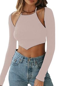 lot 43000472 image: Remidoo Womens Casual Halter Asymmetrical Hem Long Sleeve Crop Top T Shirt S-Apricot Small
