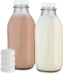 lot 43000474 image: Stock Your Home Liter Glass Milk Bottles (2 Pack) - 32-Oz Milk Jars with Lids - Food Grade Glass Bottles - Dishwasher Safe - Bottles for Milk, Buttermilk, Honey, Maple Syrup, Jam, BBQ Sauce