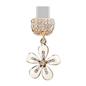 lot 43000489 image: ELISE & FONDA TP96 Type-C USB Charging Port Gorgeous Crystal Anti Dust Plug Lily Flower Pendant Cell Phone Charm for Samsung GalaxyHuaweiOnePlusXiaomioppo New Android Phones( White )