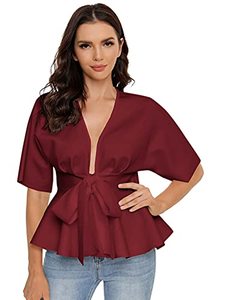 lot 43000503 image: SheIn Womens Plunge V Neck Short Sleeve Ruffle Hem Tie Front Peplum Top Blouses Burgundy Medium