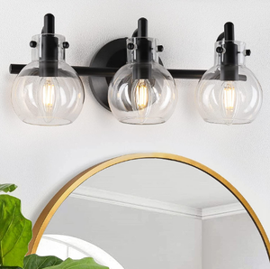 lot 43000512 image: FOLKSMATE Bathroom Vanity Light Fixtures, Modern 3 Lights Wall Sconce Lighting Matte Black, Farmhouse Metal Wall Lamp with Globe Glass Shade, Porch Wall Mount Light Fixture for Mirror Cabinets