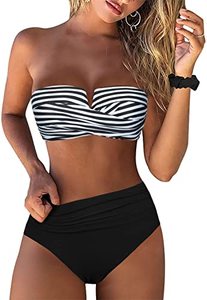 lot 43000535 image: Hilor V Wire Bandeau Bikini Set for Women Sexy Halter Two Piece Swimsuits High Waisted Cheeky Bathing Suits Black Stripes 14