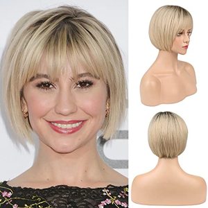 lot 43000555 image: LONAI Blonde Bob Wig With Air Bangs for Women 10 Short Ombre Biege Blonde with Dark Roots Hair Wigs Synthetic Side Part Natural Looking Hairpiece