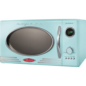 lot 1595 image: Nostalgia RMO4AQ Retro 0.9 Cubic Foot 800-Watt Countertop Microwave Oven, Aqua