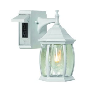lot 1611 image: Addington Park Grace Collection 1-Light Traditional Outdoor Wall Sconce with Seeded Glass and 2 Built-In Outlets with Circuit Interrupters White Finish