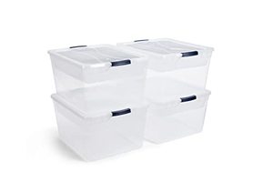 lot 3097 image: Rubbermaid 71 Qt. Cleverstore Clear Bundle with Tray Inserts, Pack of 4, Clear Plastic Storage Bins with Built-In Handles to Maximize Storage, Great for Large and Small Items (Cracked)