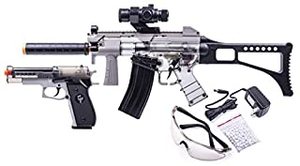 lot 3115 image: GAME FACE GFRPKTGS Ghost Affliction Full-Auto Airsoft BB Rifle And Spring-Powered Pistol Kit With Safety Glasses And BBs, (GreySmoke) (B07R3FR9J8)