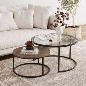 lot 1584 image: Nathan James Stella Round Nesting Coffee Table Set of 2 Glass Wood Finish and Metal Frame OakGlassBlack