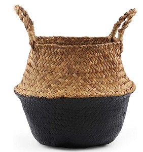 lot 5906 image: ACELEY Natural Seagrass Woven Basket with Handles Black Checked 2-in-1 Indoor Plant Basket, Collapsible Laundry Basket, Woven Storage Basket Foldable &amp Durable Hand Made Seagrass Basket