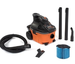 lot 3058 image: RIDGID 4 Gallon 5.0 Peak HP Portable WetDry Shop Vacuum with Fine Dust Filter, Locking Hose and Accessories, OrangesPeaches