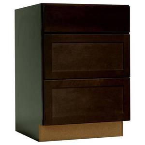 lot 1004 image: Hampton Bay Shaker Assembled 24x34.5x24 in. Drawer Base Kitchen Cabinet with Ball-Bearing Drawer Glides in Java Retail $199.00