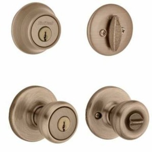 lot 8432 image: Kwikset 690 Tylo Keyed Door Knob and Sgl Cyl Deadbolt Combo Pack in AB, 2 Pack