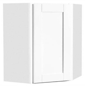 lot 8438 image: Hampton Bay Shaker Satin White Stock Assembled Diagonal Corner Wall Kitchen Cabinet (24 in. x 30 in. x 12 in.)