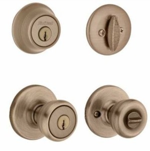 lot 8429 image: Kwikset 690 Tylo Keyed Door Knob and Sgl Cyl Deadbolt Combo Pack in AB, 2 Pack
