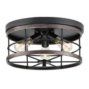 lot 2833 image: Progress Lighting Fairforest Collection 15.75 in. 3-Light Matte Black Farmhouse Flush Mount with Aged Oak Accents