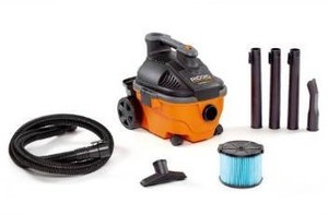 lot 5340 image: RIDGID 4 Gallon 5.0 Peak HP Portable WetDry Shop Vacuum with Fine Dust Filter, Locking Hose and Accessories, OrangesPeaches