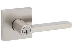 lot 5342 image: Kwikset Halifax Square Satin Nickel Keyed Entry Door Lever Featuring SmartKey Security