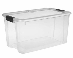 lot 8401 image: Sterilite 70 Qt. Ultra Storage Box, Clear Base with Clear Lid and Black Latches, 4 Pack
