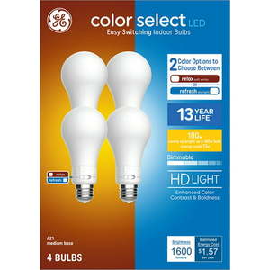 lot 37013 image: GE Color Select LED Light Bulbs 100 Watt Eqv Soft White or Daylight A21 General Purpose 13 year 4pk