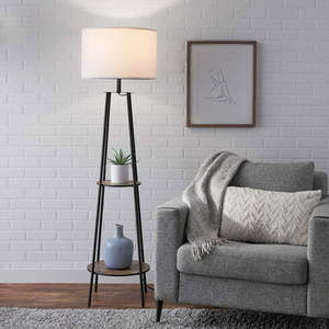 lot 37095 image: Mainstays Etagere Matte Black Floor Lamp with 2 Wood Shelves Black Color