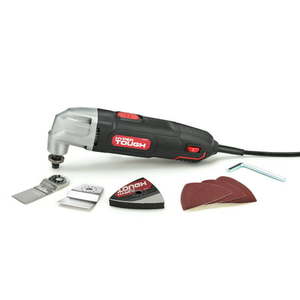 lot 37158 image: Hyper Tough 2.1 Amp Corded Oscillating Multi-function Tool Variable Speed with Hex Key Sanding Pad 1-14 inch Blade Scraper Blade & 3 Sanding Sheets (80 100 & 120 Grit)