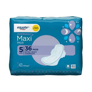lot 37289 image: Equate Maxi Pads with Wings Unscented Extra Heavy Overnight Size 5 (36 Count)