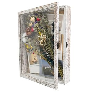 lot 1007 image: GraduationMall 11x14 Wood Shadow Box Frame Glass Door Display Case with Linen Back and 6 Stick Pins,1.5 inches Interior Depth,Ideal for Memorabilia Pictures Flowers Medals Tickets Rustic White Retail $23.29