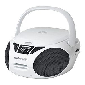 lot 1010 image: Magnavox MD6924-WH Portable Top Loading CD Boombox with AMFM Stereo Radio in Black  CD-RCD-RW Compatible  LED Display  AUX Port Supported  Programmable CD Player  Retail $38.77