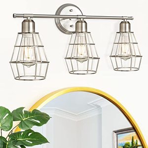 lot 1012 image: SHINE HAI 3-Light Bathroom Vanity Light Fixture, Industrial Brushed Nickel Wall Sconce with Metal Cage, Farmhouse Wall Light Fixture, Vintage Wall Lamp for Dressing Table, Mirror Cabinets, Kitchen Retail $43.80