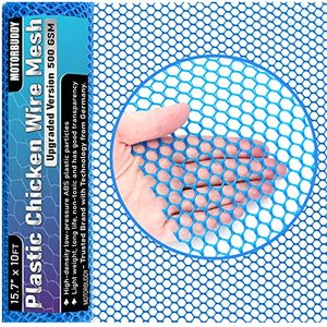 lot 1018 image: Upgraded Plastic Chicken Wire Fence Mesh 15.7 x 10ft, Hex Poultry Fencing Wire for Gardening, Chicken Wire Frame for Crafts, Floral Netting,Blue Retail $17.79