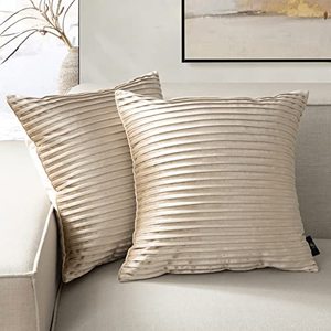 lot 1021 image: Phantoscope Pack of 2 Velvet Decorative Throw Pillow Covers - Crushed Velvet Handmade Pleated Design - Soft Solid Square Pillow Case for Couch Bed and Chair, Beige, 20 x 20 inches 50 x 50 cm Retail $17.21