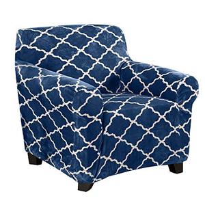 lot 1024 image: Great Bay Home Modern Velvet Plush Arm Chair Slipcover. Strapless One Piece Stretch Chair Cover. Magnolia Collection. (Chair, Navy) Retail $30.40