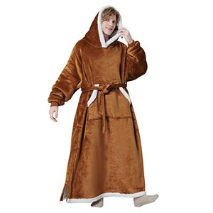 lot 1034 image: Bedsure Oversized Wearable Blanket Hoodie, Long Sherpa Fleece Blanket Sweatshirt as Gifts for Men, with Warm Big Hood for Christmas, Side Split and Belt, Brown, Oversize Retail $45.66