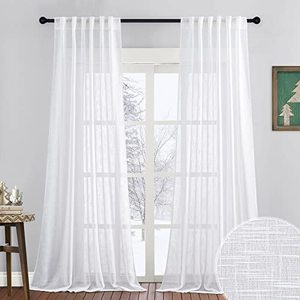 lot 1042 image: RYB HOME White Curtains Sheer - Linen Texture Semi Sheer Window Covering, Light & Airy Privacy Sheer Panels for Bedrom Living Room Patio Glass Door, 52 inch Width x 95 inch Length, Set of 2 Retail $23.26