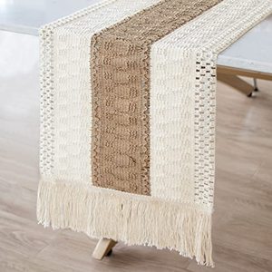 lot 1052 image: OurWarm Macrame Table Runner Farmhouse Style, Natural Burlap Boho Table Runner Modern Farmhouse Decor Rustic Woven Cotton Crochet Lace for Bohemian, Rustic,Bridal, Shower Wedding, Dinner, 72 x 12 Retail $19.26