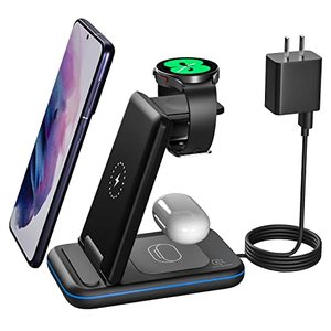lot 1112 image: Wireless Charging Station for Samsung Galaxy PhoneWatchBuds, 3 in 1 Foldable Charging Stand for Samsung S23 UltraS22S21S20Note2010Galaxy Watch543ClassicActive BudsLive with 18W Adapter Retail $41.38