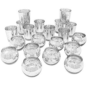 lot 1124 image: Just Artifacts 24pcs Assorted Silver Mercury Glass Votive Candle Holders (12pc 2-Inch Round, 12pc 2.75-Inch) Retail $41.14