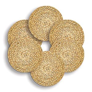 lot 1128 image: HNCmua Set of 6 Natural Water Hyacinth Placemats (11.81inch), Woven Placemats for Dining Table, Hand Braided Rattan Tablemats, Rustic Placemats Retail $21.27