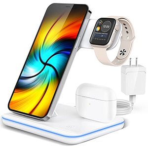 lot 1138 image: Wireless Charging Station, 2023 Upgraded 3 in 1 Wireless Charger Stand with Breathing Indicator Compatible with iPhone 14131211 ProXS, AirPods 321pro 2, iWatch Series 876543,Samsung Phones Retail $35.02