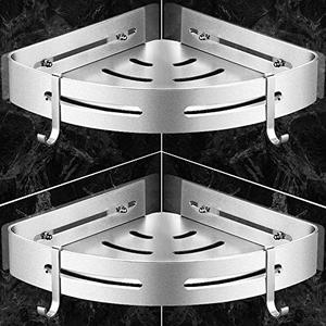 lot 1154 image: Orimade Corner Shower Caddy Shelf with 4 Hooks Wall Mounted Storage Rack Organizer Adhesive Rustproof No Drilling Aluminum for Bathroom Toilet Kitchen - 2 Pack Retail $20.14