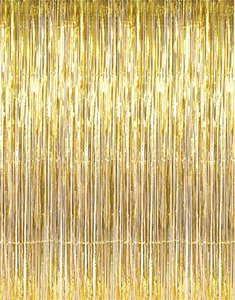 lot 1156 image: GOER 6.4 ft x 9.8 ft Metallic Tinsel Foil Fringe Curtains,Pack of 2 Party Streamer Backdrop for Birthday,Graduation Decorations and New Year Eve (Gold) Retail $13.15