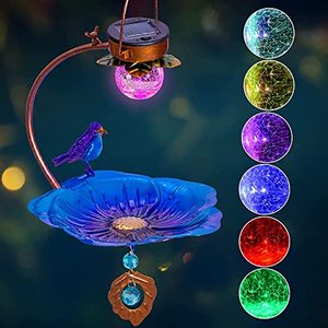 lot 1163 image: Solar Bird Feeder & Bird Bath for Outside Hanging Wild Birdfeeders Seed Tray Outdoor Solar Powered Garden Light Metal Bird D�cor Yard Landscape Six Color LED 9.5 Inch Waterproof Retail $25.13