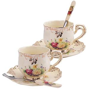 lot 1164 image: Foraineam Set of 2 Tea Cup and Saucer, 8 oz. Flowering Shrubs Ivory Ceramic Coffee Cup Fancy Floral Porcelain Tea Cup Set with Saucer and Spoon Retail $25.76