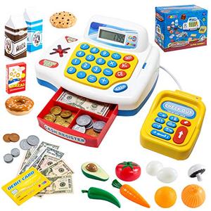 lot 1187 image: JOYIN Pretend Play Calculator Cash Register, Kids Cash Register Includes Play Money, Scanner, Card Reader, Grocery Store Play Food, Credit Card for Toddler Ages 3 Develops Early Math Learning Skill Retail $20.84