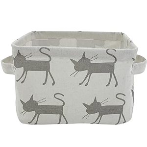 lot 1193 image: Mziart Small Foldable Canvas Storage Basket with Handles, Cotton Linen Storage Bin Organizer for Nursery Kids Shelves & Desks (Grey Cat) Retail $8.08