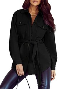 lot 1203 image: FARYSAYS Womens Shacket Jackets with Pockets Boyfriend Oversized Button Down Shirt V Neck Flannel Trench Pea Coat Black 1X Retail $37.67
