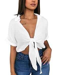 lot 1208 image: GOBLES Womens Summer Short Sleeve Shirts V Neck Tie Knot Batwing Blouses Tops White  Retail $17.51